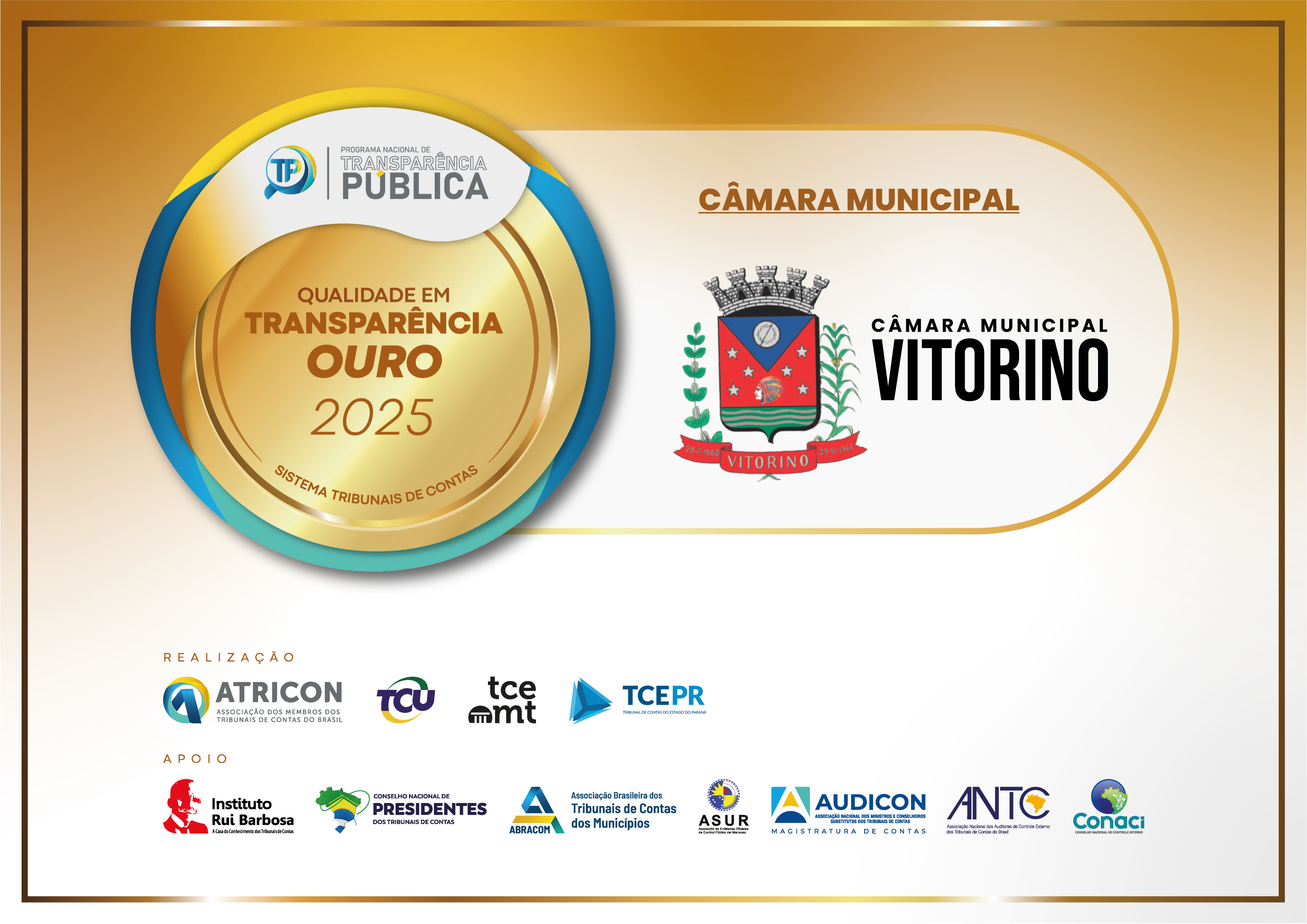 Câmara de Vitorino recebe Selo Ouro de transparência 